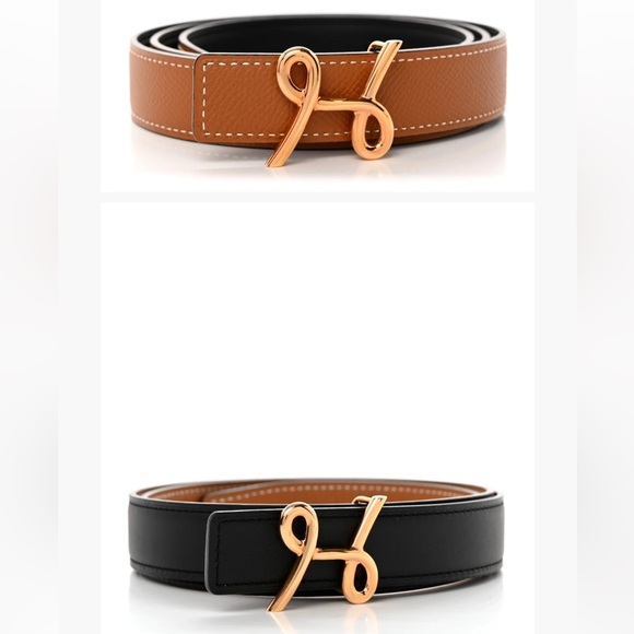 Hermes Reversible Brown and Black Belts with Gold Buckle - Picture 1 of 6